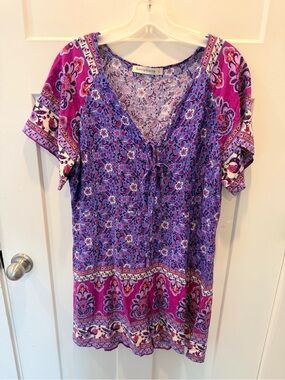 Rusttydustty Boho Floral Romper L Purple Paisley Tie Front Short Sleeve Viscose